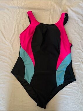 Black One-Piece Swimsuit with Hot Pink and Teal Panels